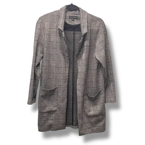 Love Tree Women's S Houndstooth Black White Open Front Long Jacket Coat - Picture 1 of 6